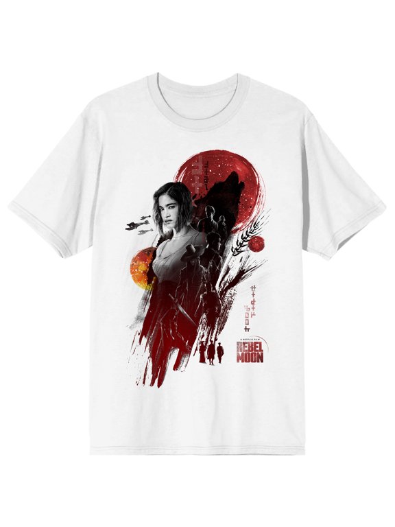 Rebel Moon Rebel Moon Characters in Black and White Wolf Silhouette Red Moon small and big Orange Moon Alien text Logo text on White Short Sleeve Adult T-Shirt-Large