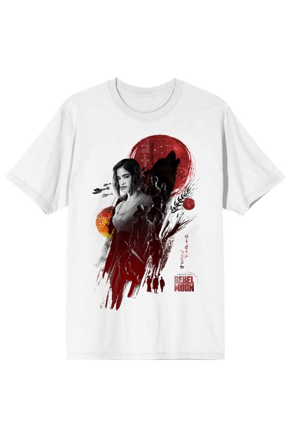 Rebel Moon Rebel Moon Characters in Black and White Wolf Silhouette Red Moon small and big Orange Moon Alien text Logo text on White Short Sleeve Adult T-Shirt-XS