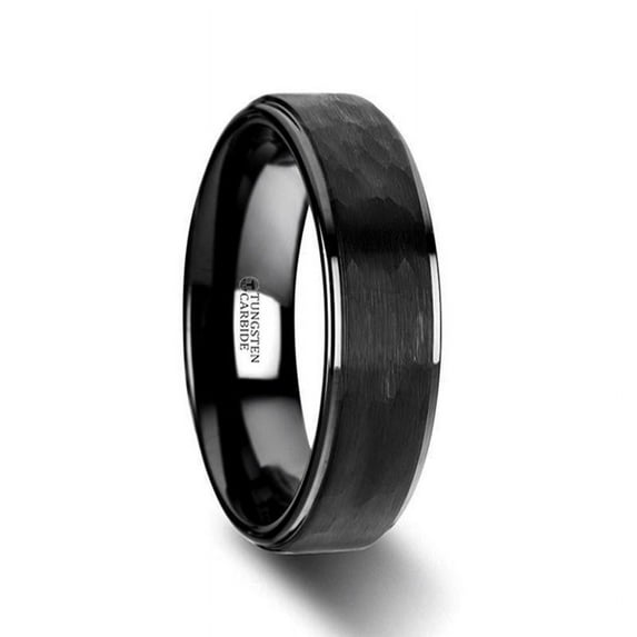 Rebel Raised Hammer Finish Step Edge Black Tungsten Carbide Wedding Band With Brushed Finish