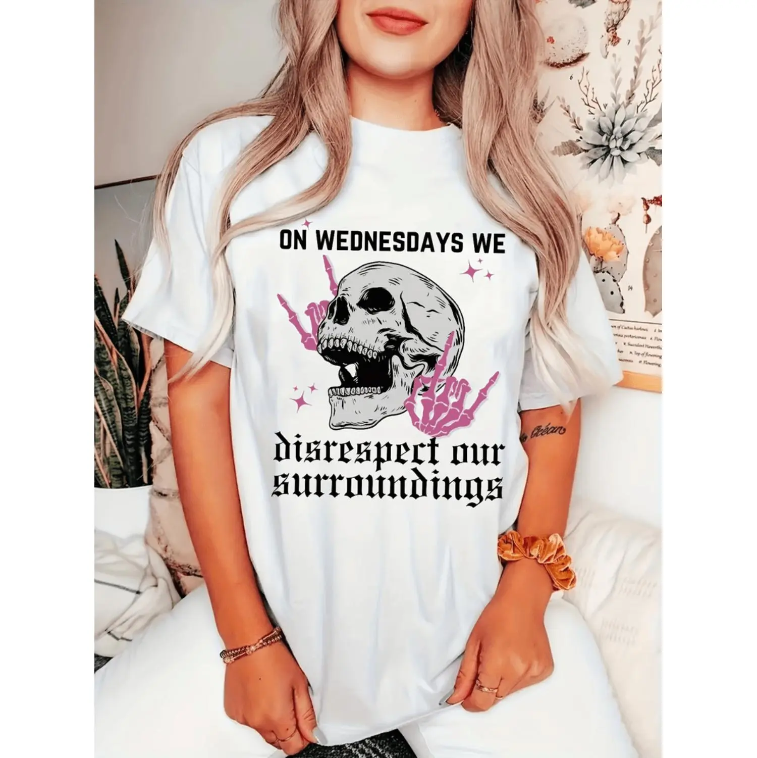 Rebellious Graphic Women's Black Tee, Metalhead Skull Star Design