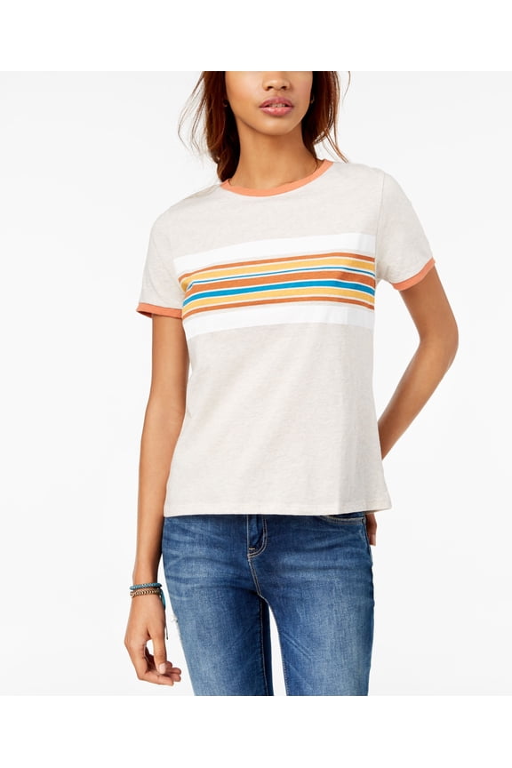 Juniors Cotton Graphic Ringer T-Shirt Heather Oatmeal Rust M