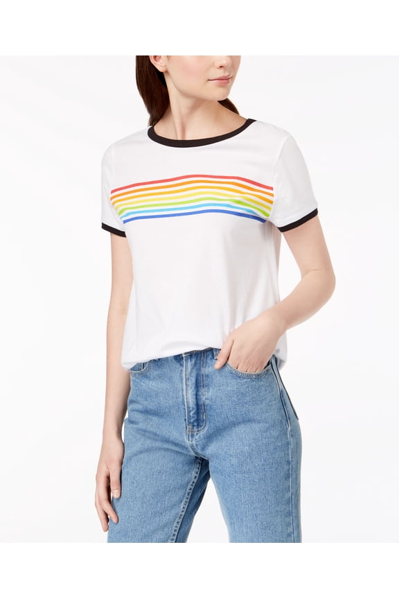 Juniors Cotton Graphic Ringer T-Shirt White XS