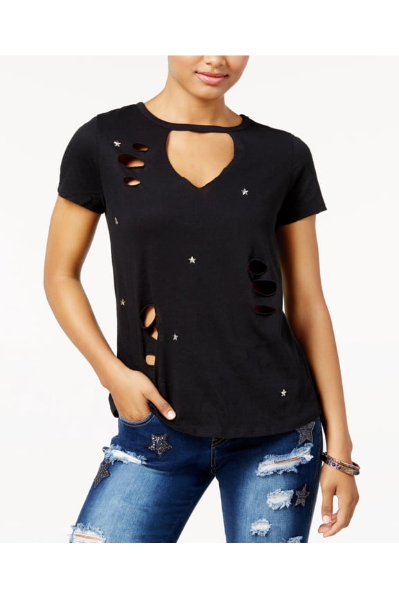 Rebellious One Juniors Cutout Studded Star T-Shirt Black M