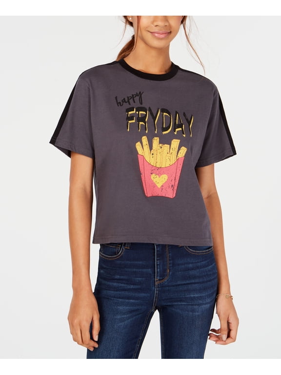 Juniors Fryday Crop Graphic Ringer T-Shirt Charcoal L