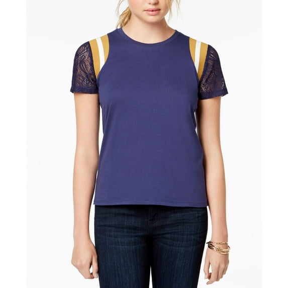 Rebellious One Juniors' Lace-Sleeve Striped-Shoulder Top (Navy, S)