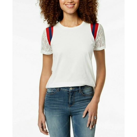 Rebellious One Juniors Lace Sleeve Striped Shoulder Top