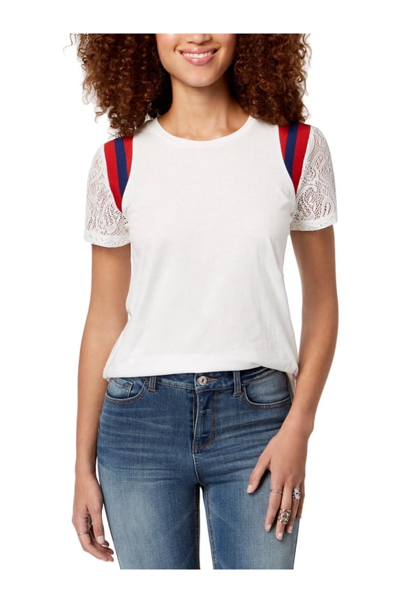 Juniors Lace Sleeve Striped Shoulder Top