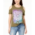 thumbnail image 1 of Rebellious One Juniors Live Love Cold Shoulder Graphic T-Shirt Olive M, 1 of 1