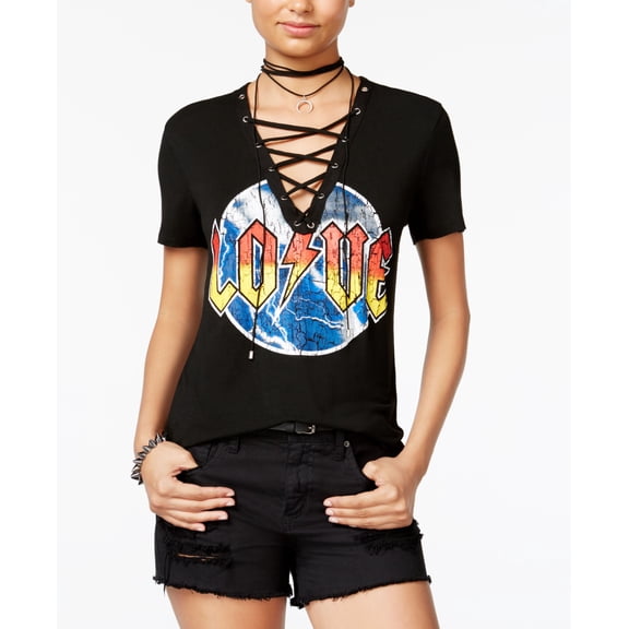 Rebellious One Juniors Love Lace Up Graphic T-Shirt Blackblack S
