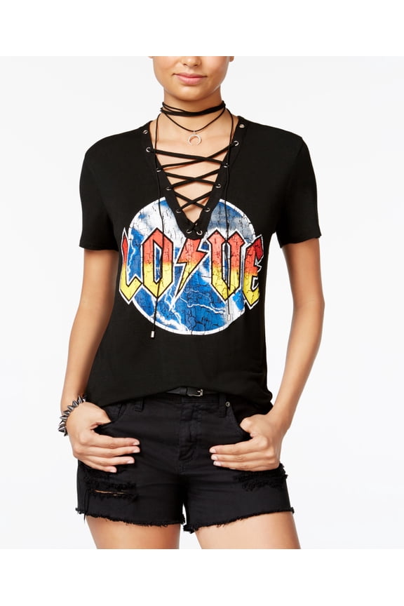 Juniors Love Lace Up Graphic T-Shirt Blackblack S
