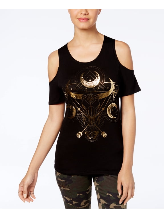 Juniors Moon Graphic Cold Shoulder T-Shirt Black XS