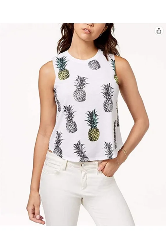 One Juniors' Pineapple Graphic Cropped Tank Top White Size Large