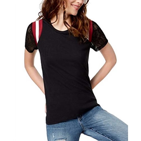 Rebellious One Lace Short Sleeved Striped Shoulder Top, Black, Size M