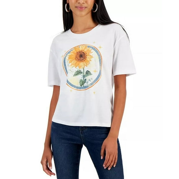 Rebellious One WHITE Women's Juniors' Sunflower Short-Sleeve T-Shirt, US Large