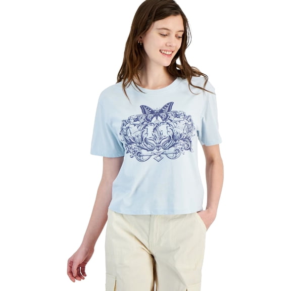 Rebellious One Womens Angle and Butterfly Graphic T-Shirt, Blue, Juniors, X-Small