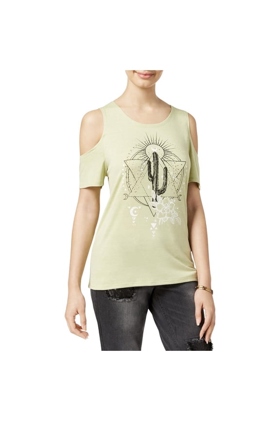 Womens Juniors Cold Shoulder Pullover Graphic T-Shirt Green XS