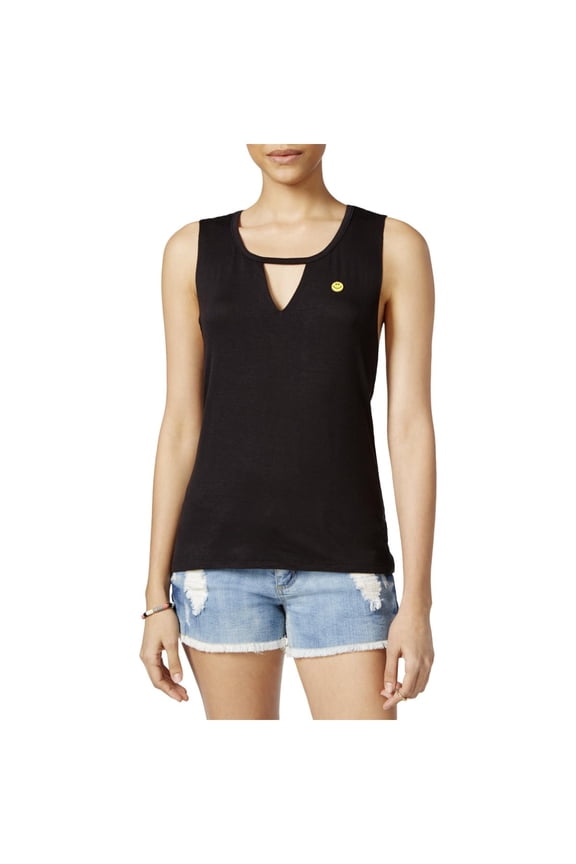 Womens Juniors Distressed Keyhole Neckline T-Shirt