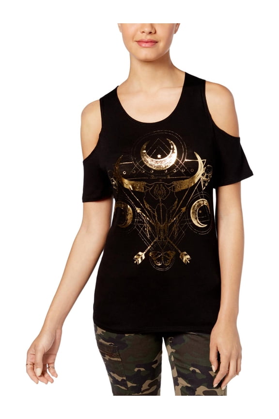 Womens Juniors Moon Metallic Cold Shoulder Graphic T-Shirt