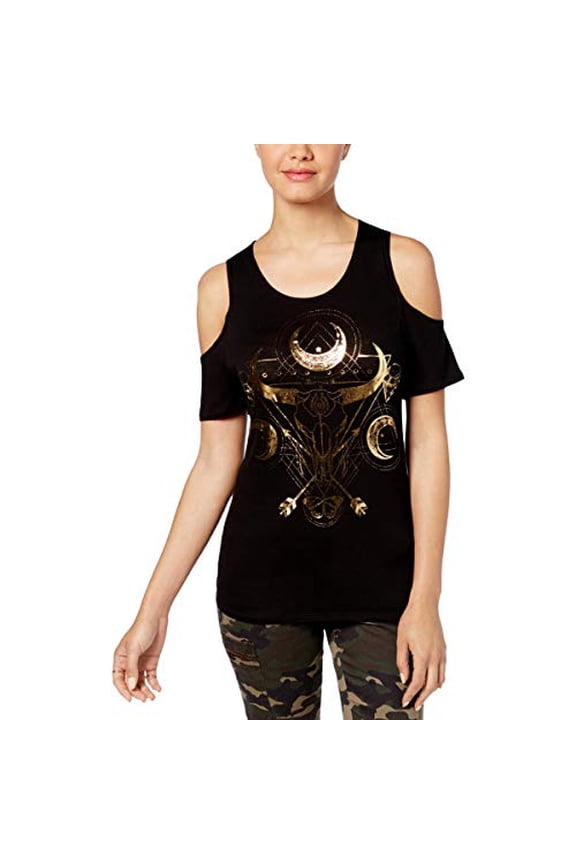 Womens Juniors Moon Metallic Cold Shoulder Graphic T-Shirt