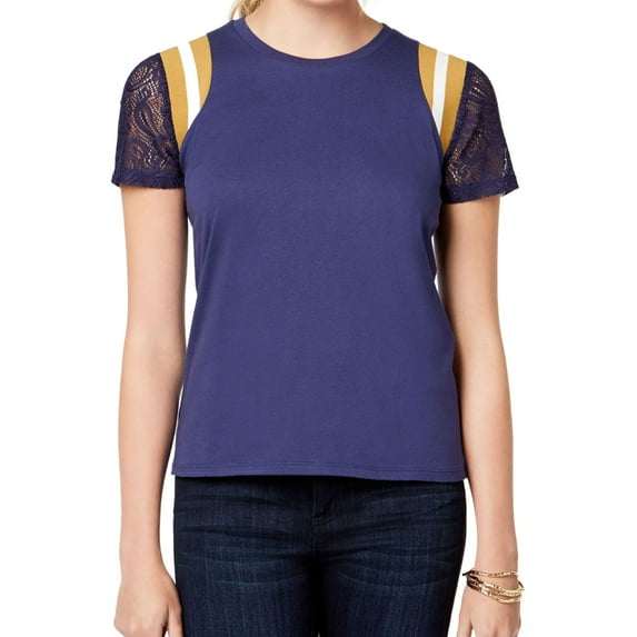 Rebellious One Womens Lace Sleeve Basic T-Shirt, Blue, Juniors, Medium