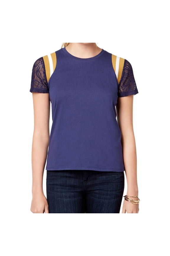 Womens Lace Sleeve Basic T-Shirt, Blue, Juniors, Medium