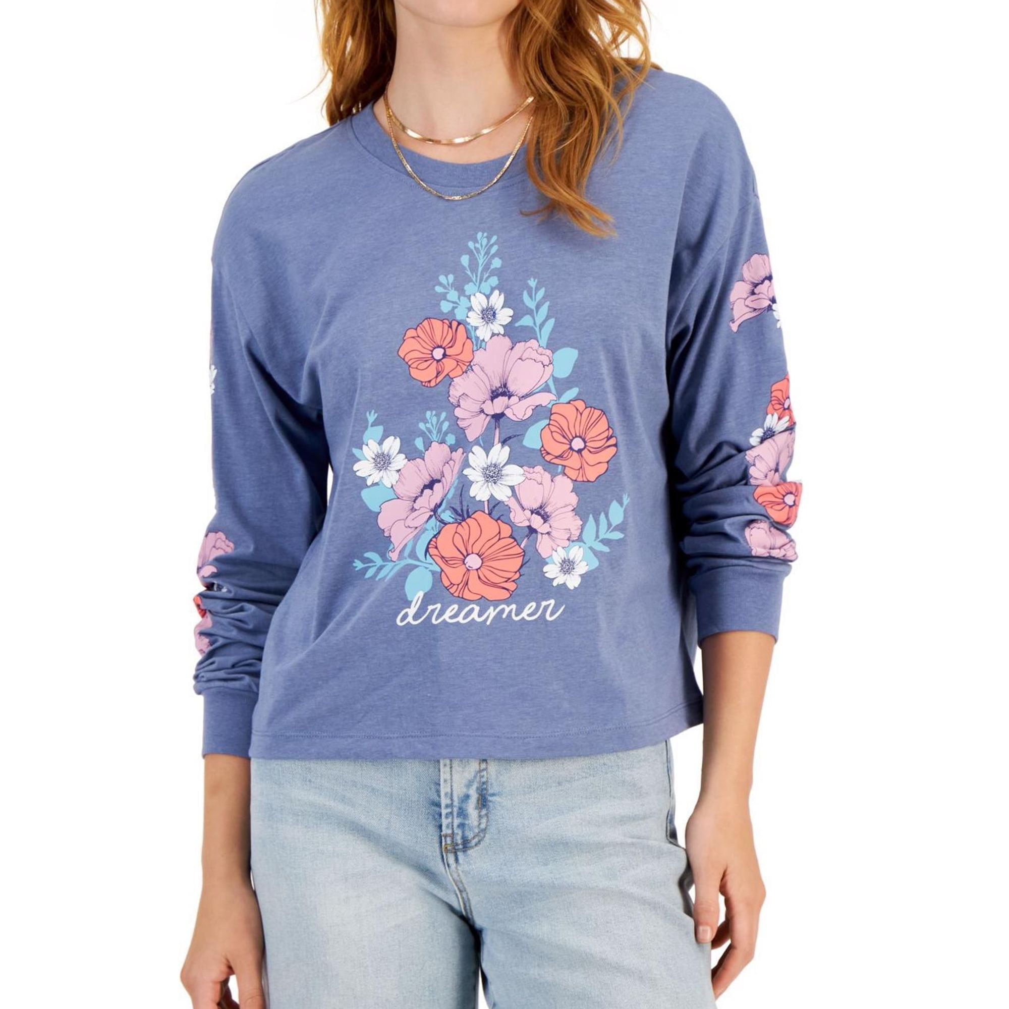 REBELLIOUS ONE Womens Long Sleeve Dreamer Graphic T-Shirt, Blue, Juniors, Small