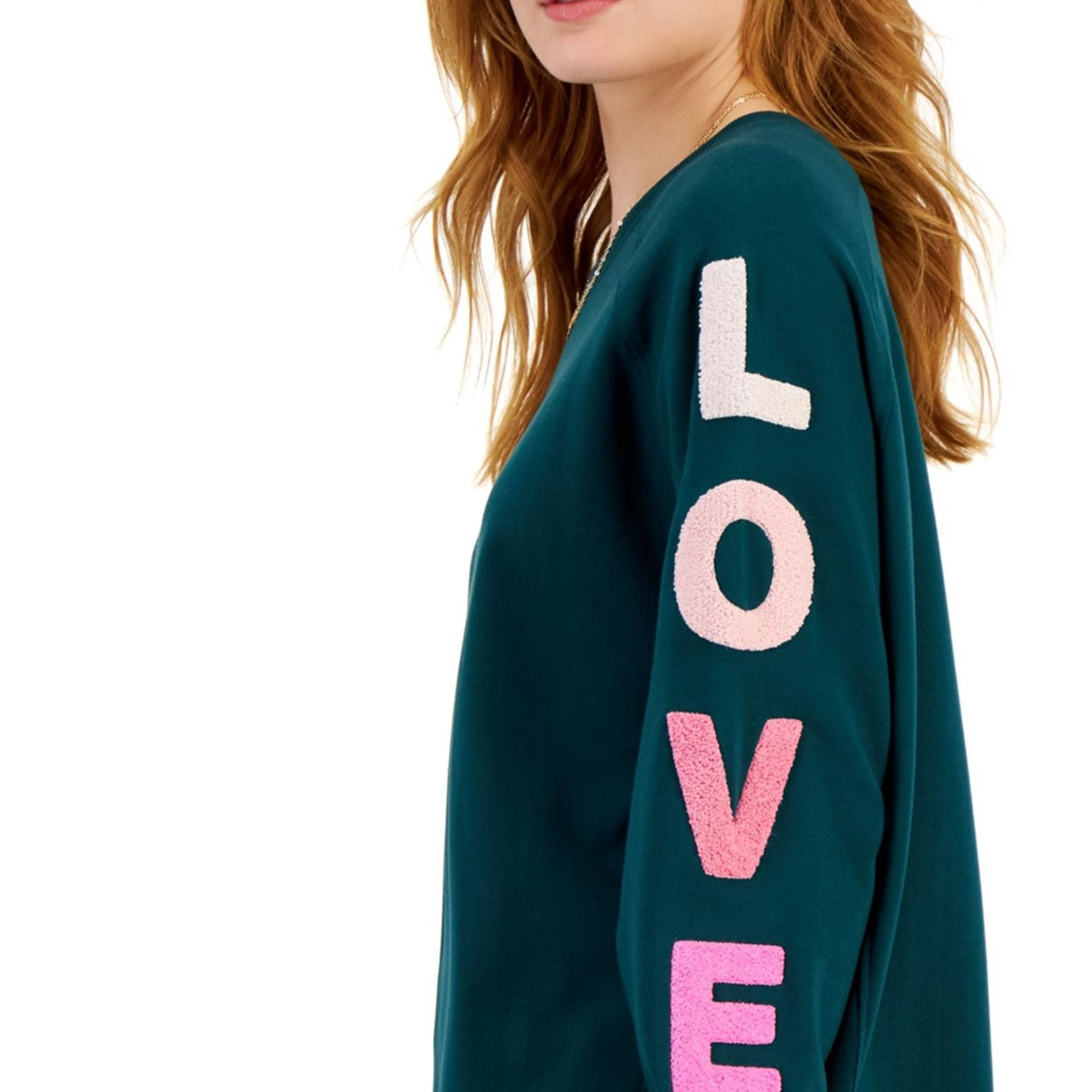 REBELLIOUS ONE Womens Love Sleeve Crewneck Sweatshirt, Green, Juniors, Medium