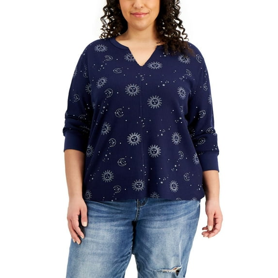 Rebellious One Womens Plus Size Printed Notch-Neck Thermal Top,Navy Celestial,2X