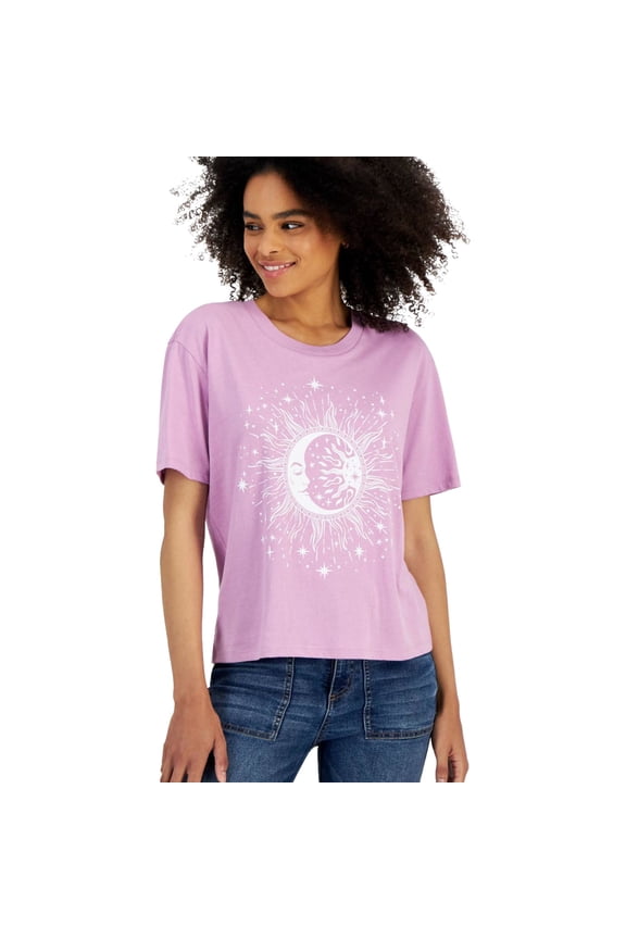 Womens Sun & Moon Graphic Top Basic T-Shirt, Purple, Juniors, X-Large