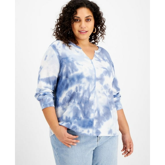 Rebellious One Womens Trendy Plus Size Tie-Dyed Waffle-Knit Top,Light Blue,2X