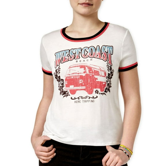 Rebellious One Womens West Coast Ringer Graphic T-Shirt, Off-White, Juniors, Large