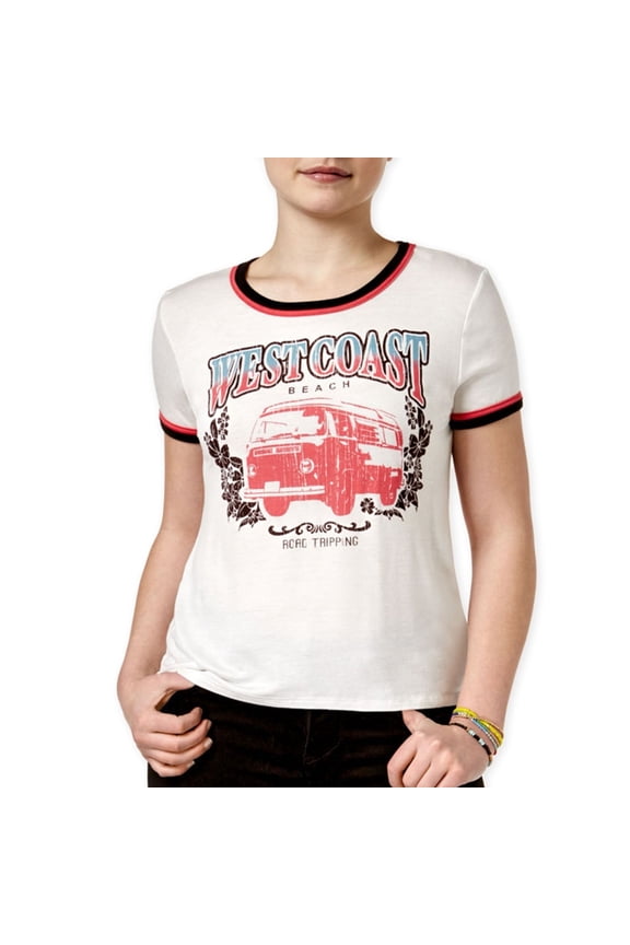 Womens West Coast Ringer Graphic T-Shirt, Off-White, Juniors, Large