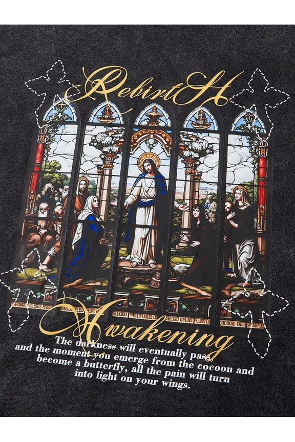 Rebirth Awakening Stained Glass Vintage Oversized Washed High Street Grunge Y2K Short Sleeve Crewneck Cotton Unisex Men's Women's Tee Shirt