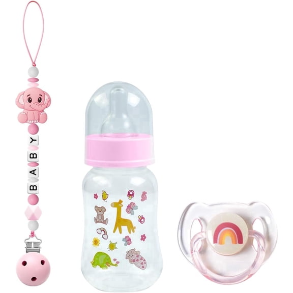 Reborn Baby Doll Accessories Set - Rainbow Magnetic Pacifiers & Removable Reusable Baby Doll Bottles with Silicone Pacifier Clips for Reallife Realistic Reborn Dolls Girls Boys, Pink Style, 3 Pcs