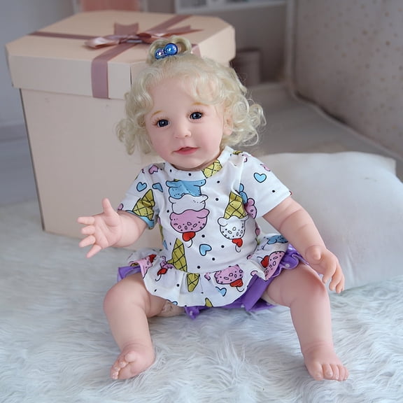Reborn Baby Dolls 22'' Blond White Skin Soft Body Silicone Limbs Smiling Baby Dolls Christmas Birthday Gift Set for Toddlers