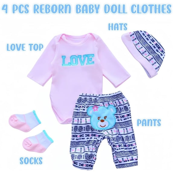 Reborn Baby Dolls Clothes Love Pattern 4pcs Set for 17-22 Inch Newborn Baby Doll Doll Clothing Cute Bear Outfit Accessories fit