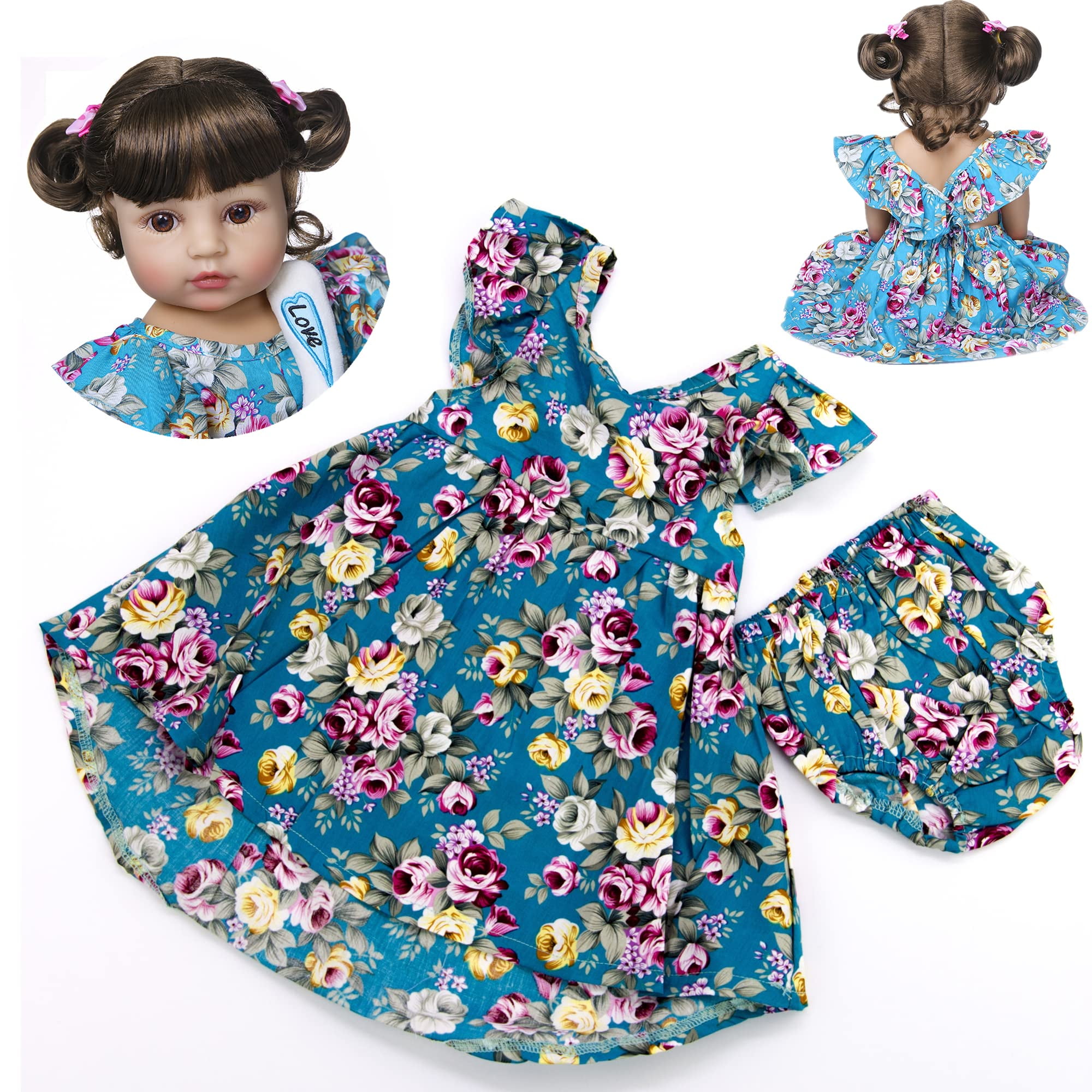 Reborn Baby Girl Doll Clothes 22 inch Newborn Blue Floral Printed Dress