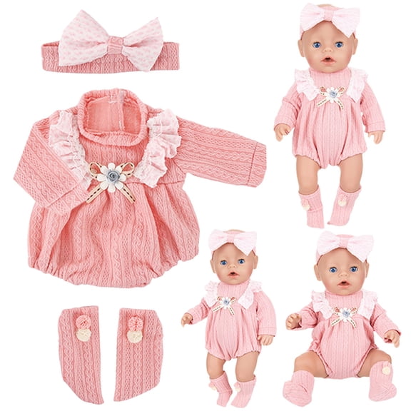 Doll Clothes and Outfit Set for 18 Inch, Knitted Flower Romper Smocked Bodysuit Clothes Bow Headband, Birthday Christmas Gift