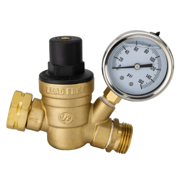 RecPro Adjustable RV Water Pressure Regulator with Gauge | Lead-Free Brass Water Pressure Reducer with Built-in Strainer | 0160 PSI Gauge | Protects RV Plumbing