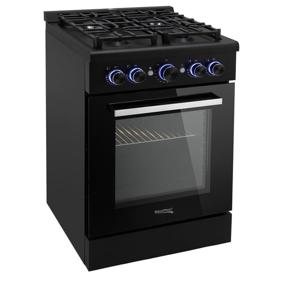 RecPro RV Stove | 24" Black Freestanding Gas Range | 12000 BTU | 4 Burners | 4 Leveling Legs | Fueled By Propane | Oven & Stove Top Capabilities
