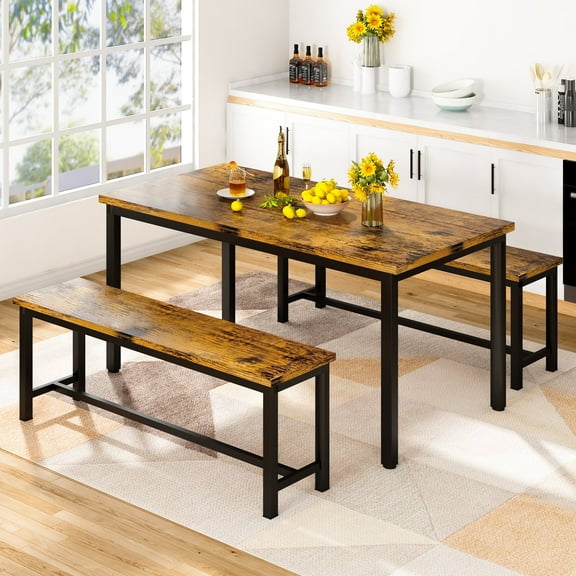 Recaceik Farmhouse Dining Table Set for 4, Small Kitchen Table Set with 2 Benches for Apartment Dining Room, Brown