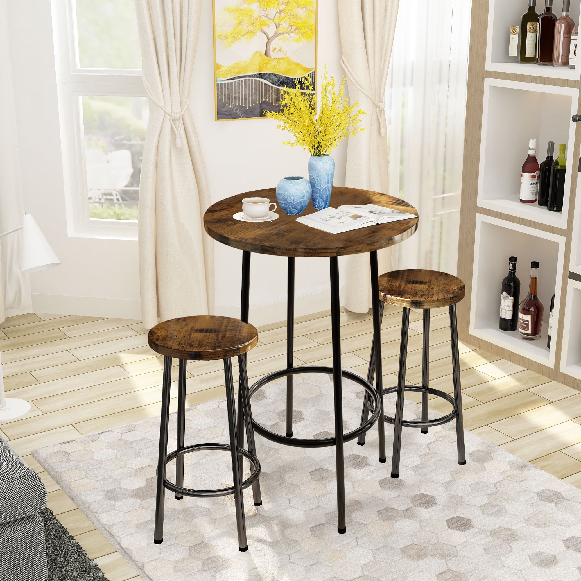 Rustic Brown Round Pub Table with 2 Stools