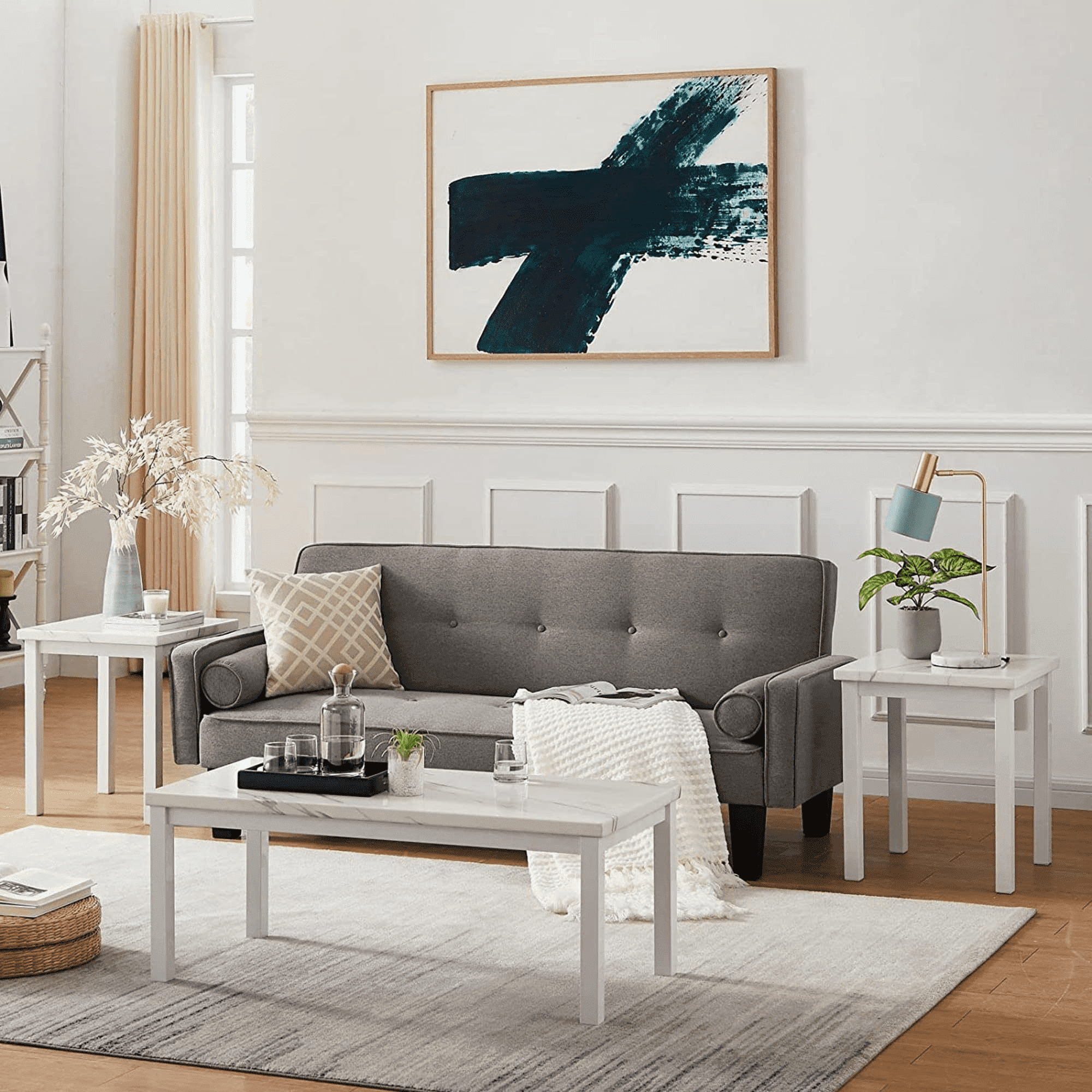 Recaceik 3 Piece Coffee Table Set, Faux Marble Tabletop Style with Black Metal Frame Sofa Side Tables Perfect for Living Room Accent Furniture