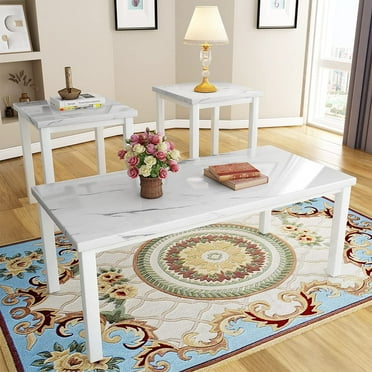 Recaceik 3 Piece Coffee Table Set, Faux Marble Tabletop Style with Black Metal Frame Sofa Side Tables Perfect for Living Room Accent Furniture