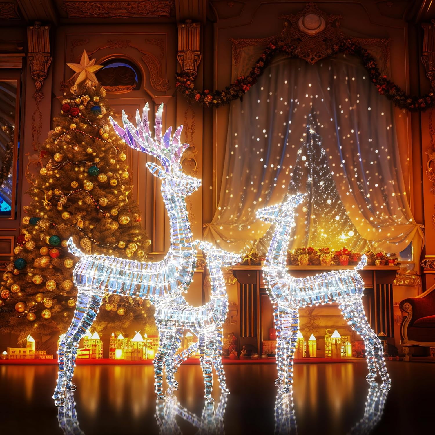 Recaceik 3 Piece Lighted Christmas Reindeer, Iridescent Christmas Deer