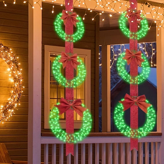 Recaceik 3-Piece Lighted Christmas Wreaths, 61" Long with Red Bows & 300 LED Lights, Wreaths for Front Door, Wall, Yard, Xmas Decorations with Hook, Green Artificial Wreaths Set of 2
