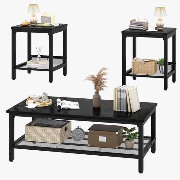 Recaceik 3-Piece Living Room Coffee Table Set, Coffee Table with 2 Square End Side Tables, Modern Living Room Table Set with Metal Frame for Apartment Home Office (Black)
