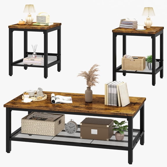 Recaceik 3-Piece Living Room Coffee Table Set, Coffee Table with 2 Square End Side Tables, Modern Living Room Table Set with Metal Frame for Apartment Home Office (Rustic Brown)