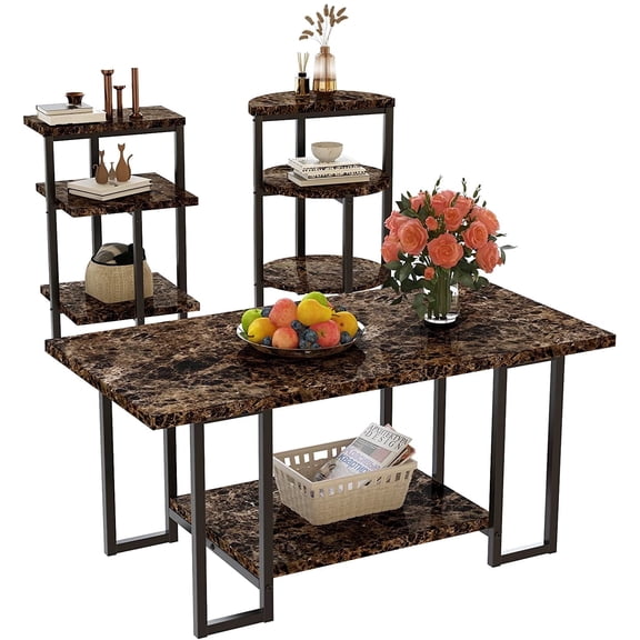 Recaceik 3 Piece Modern Faux Marble and Metal Living Room Table Set, White/Gold