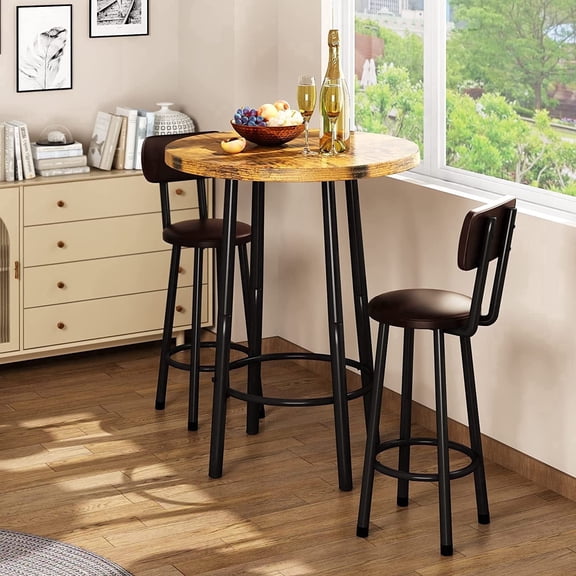 Cvortll 3 Piece Pub Dining Set, Modern Round bar Table and Stools for 2 Kitchen Counter Height Wood Top Bistro Easy Assemble for Breakfast Nook Living Room Small Space Restaurant